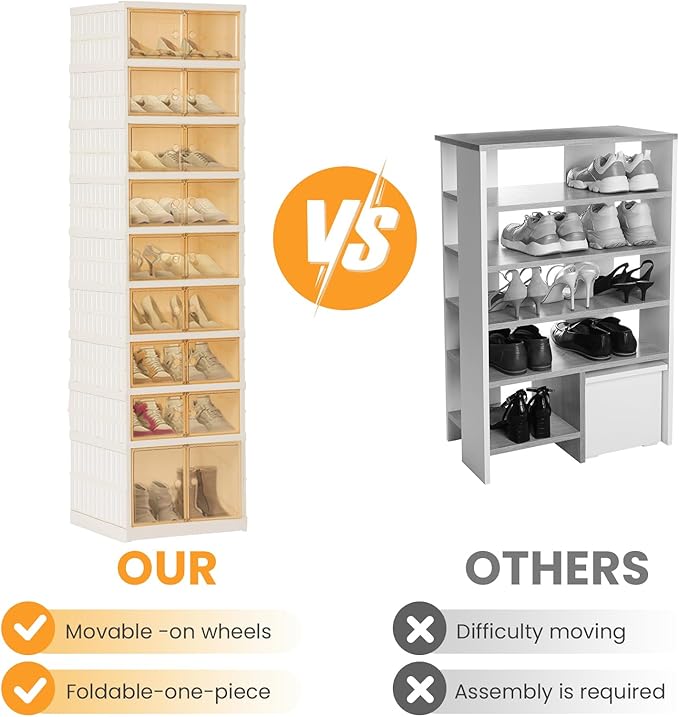 Foldable Shoe Organizer Storage Box, Portable Extra Large Folding Shoe Rack for Closet, Shoe Storage Box with Magnetic Transparent Door and Wheels, 9 Layers 18 Grids with 2 Big Grids
