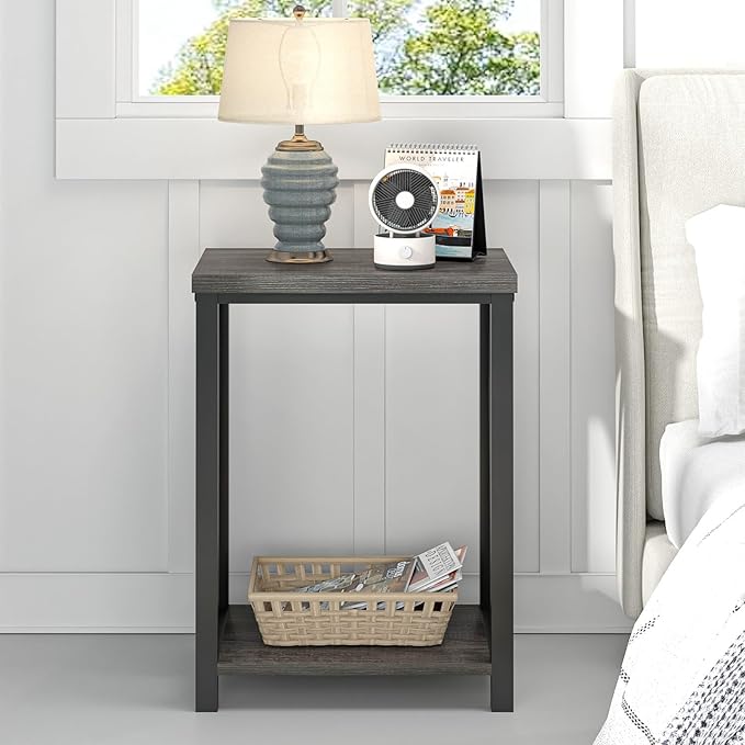 FOLUBAN Small Side Table, Rustic Wood and Metal End Table with Storage, Vintage Night Stand for Living Room Bedroom Office, Dark Gray