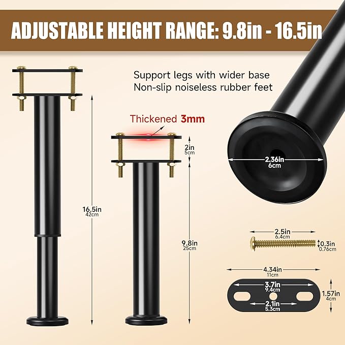 4Pcs Metal Adjustable Height Center Support Leg for Bed Frame, Bed Support Legs for Wood Slats, Under Bed Frame Support Legs Replacement, Bed Reinforcement Kit for Wooden Frame, Height 9.8" to 16.5"