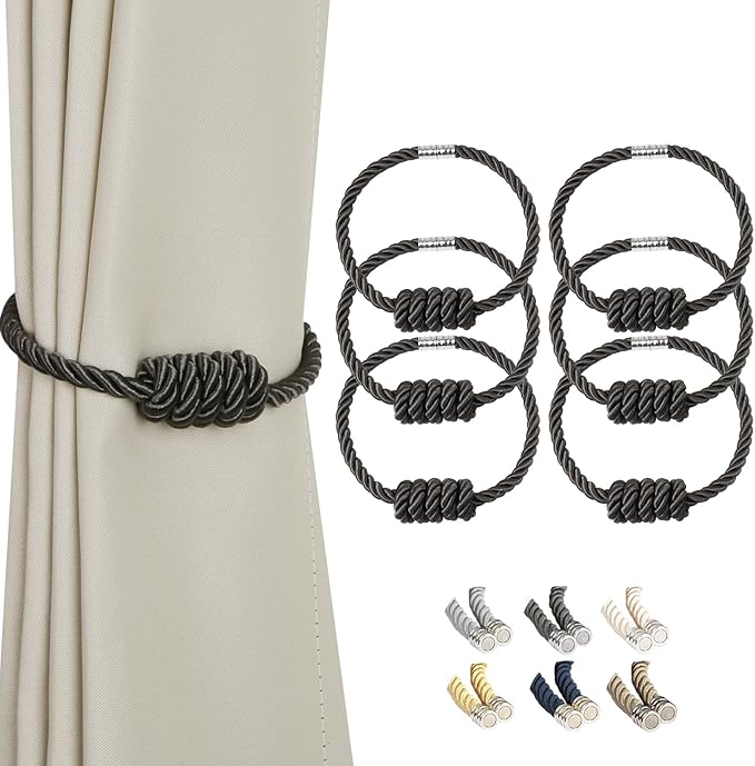 BEL AVENIR Magnetic Curtain Tiebacks, Decorative Drapery Holdbacks Modern Woven Tie-Backs with Exquisite Knot (Charcoal, 6 Pack)