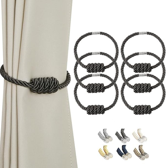 BEL AVENIR Magnetic Curtain Tiebacks, Decorative Drapery Holdbacks Modern Woven Tie-Backs with Exquisite Knot (Charcoal, 6 Pack)