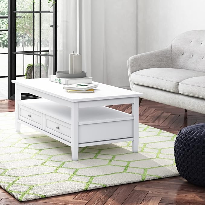 SIMPLIHOME Warm Shaker Coffee Table - 48 inch Wide Solid Wood Cocktail Table in White, Transitional Living Room Table with 2 Storage Drawers and Open Shelf for Sitting Area or Lounge