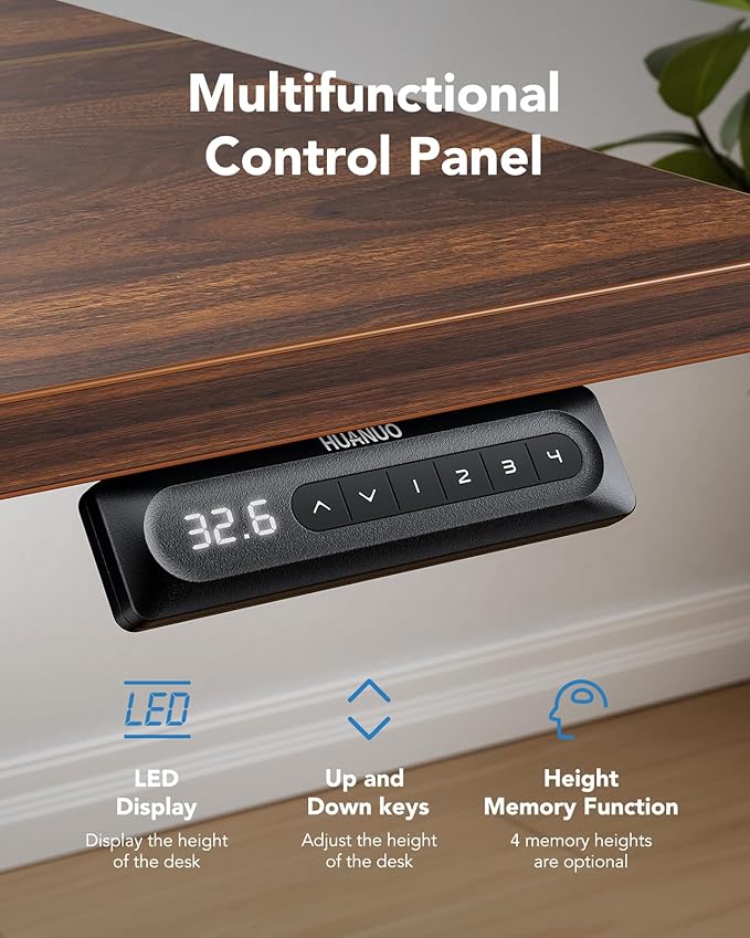 HUANUO 63" x 28" Electric Standing Desk Adjustable Height, 4 Memory Height Settings, Headphone Hook, Cable Manager, Sit Stand Up Desk for Home Office & Computer Workstation, Walnut