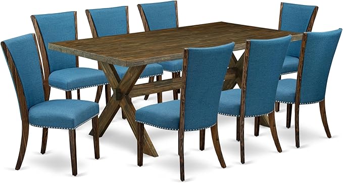 East West Furniture X777VE721-9 9 Piece Dining Set Includes a Rectangle Dining Room Table with X-Legs and 8 Blue Color Linen Fabric Upholstered Chairs, 40x72 Inch, Multi-Color