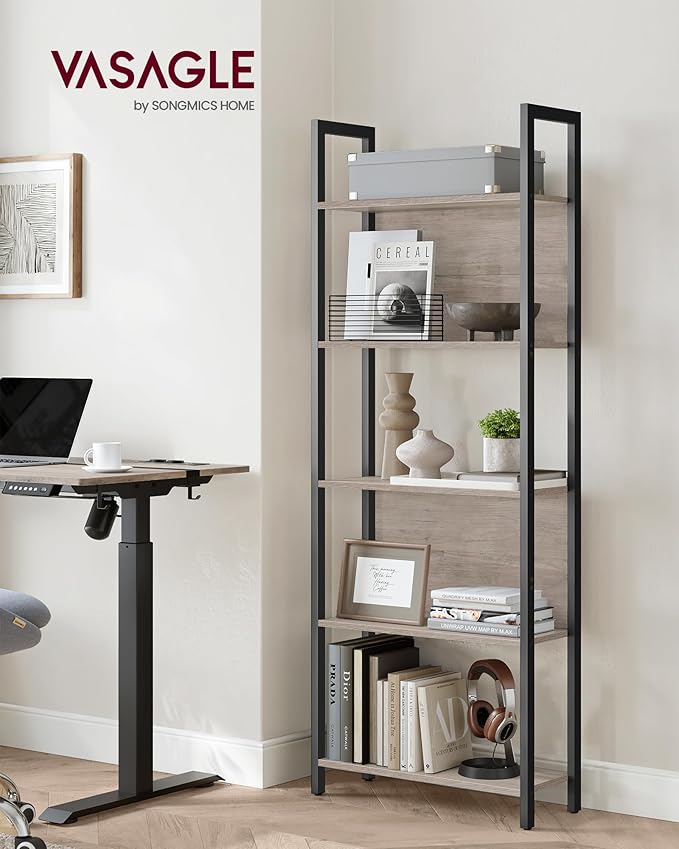 VASAGLE 5-Tier Bookshelf, Book Shelf, Industrial Bookcase, with Steel Frame, for Living Room, Home Office, Bedroom, 9.4 x 24.4 x 65 Inches, Greige and Black ULLS025B02