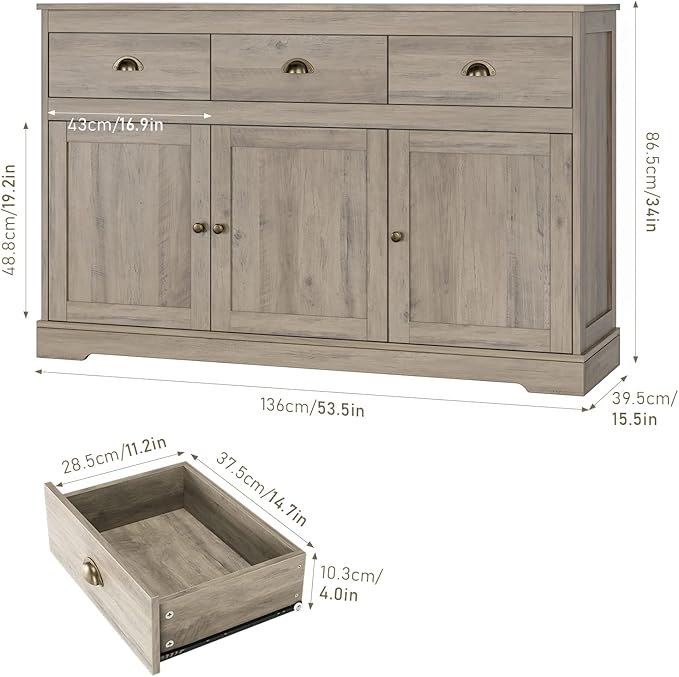 Keyluv Buffet Storage Cabinet, Sideboard Farmhouse Server Bar Wine Cabinet with 3 Drawers & 3 Doors Adjustable Shelves Console Table for Kitchen, Dining Living Room Cupboard, Grey Wash