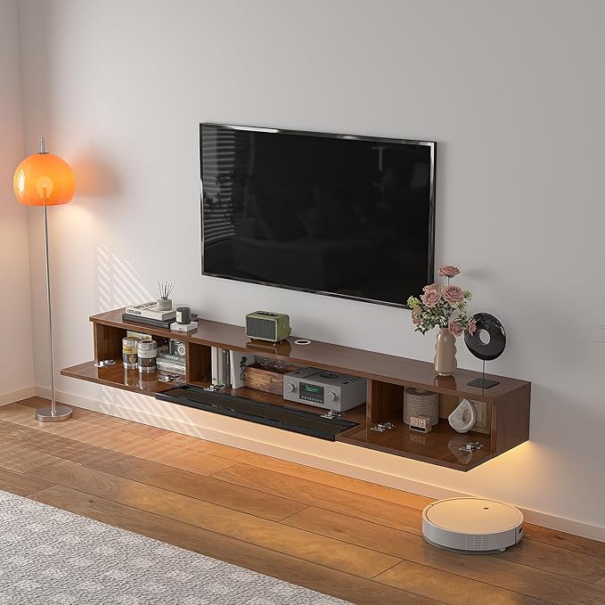 High Gloss Floating TV Stand,47'' Wall Mounted TV Console,Under TV Floating Shelf,Floating TV Cabinet with 3 Doors for Bedroom Living Room(Walnut)