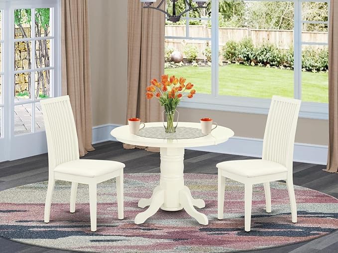 East West Furniture SHIP3-WHI-C 3 Piece Dinette Set for Small Spaces Contains a Round Dining Room Table with Pedestal and 2 Linen Fabric Kitchen Dining Chairs, 42x42 Inch, Linen White