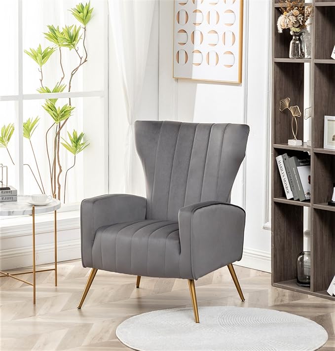 Container Furniture Direct Modern Velvet Accent Chair, Channel Tufted Bedroom, Office or Living Room Furniture with Elegant Metal Legs, 26" Wide Armchair, Grey