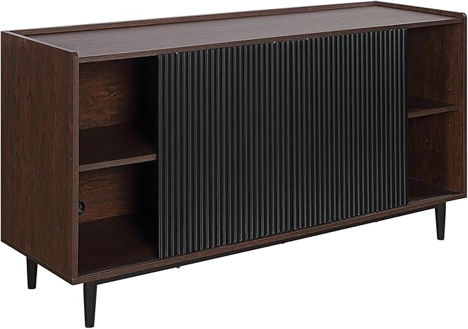 Manhattan Comfort Duane 59-Inch Ribbed Mid Century Modern Sideboard, Versatile Dining & Living Room Buffet Table with 3 Adjustable Center Shelves & 2 Side Cabinets, Set of 3, Black