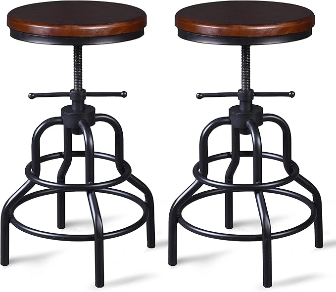 LOKKHAN Vintage Industrial Bar Stool - Rustic Swivel - Round Wood Metal - Kitchen Counter Height Adjustable - Pipe Stool - Cast Steel - 20-27 Inch (Set of 2)