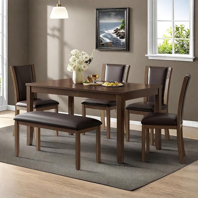 Dining Table Set for 5, 6-Piece Kitchen Table & Chairs Set with Rectangular Table, Bench & 4 Upholstered Chairs, 58'' Dinner Set with Rubber Wood Legs & Curved Backrest for Kitchen, Walnut