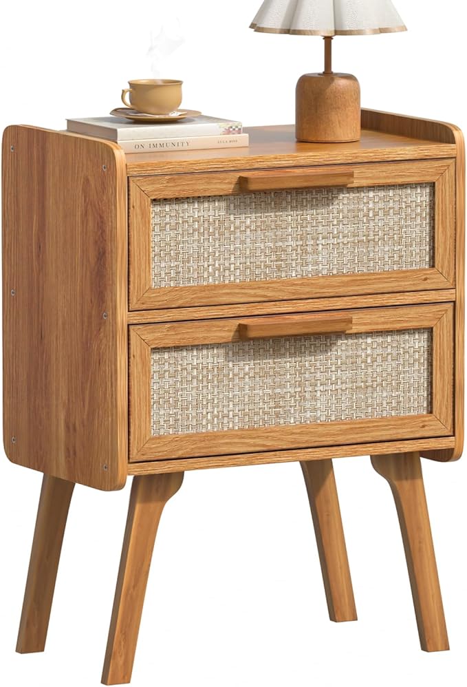 Lerliuo Rattan Nightstand, Boho Night Stand with 2 Drawers, Cane Accent Side End Table, Bedside Table with Solid Wood Legs for Bedroom, Dorm and Small Spaces (Tea Brown)