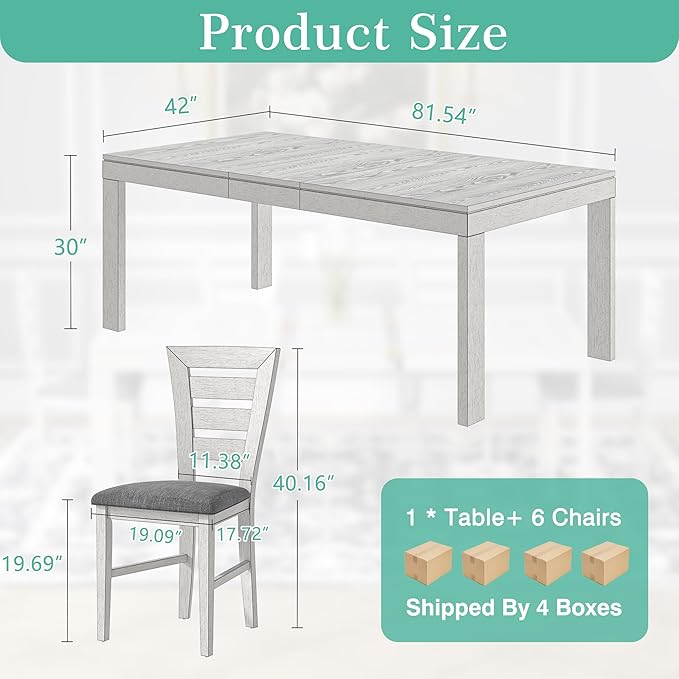 6-Piece Solid Wood Dining Table Set for 6, Modern Breakfast Dinette Extendable Kitchen Table with Chairs for Dining Room, Kitchen, Grey