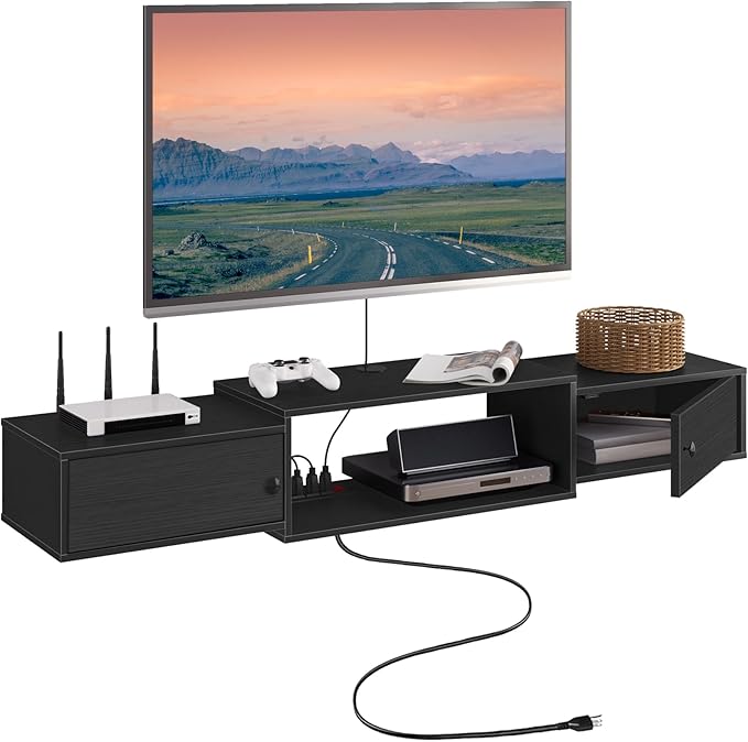 HOOBRO 55" Floating TV Stand with Power Outlets, Modern Wall Mounted Media Console Shelf with Doors, Entertainment Center for Under TV Storage, for Living Room, Bedroom, Black BK11UDS01