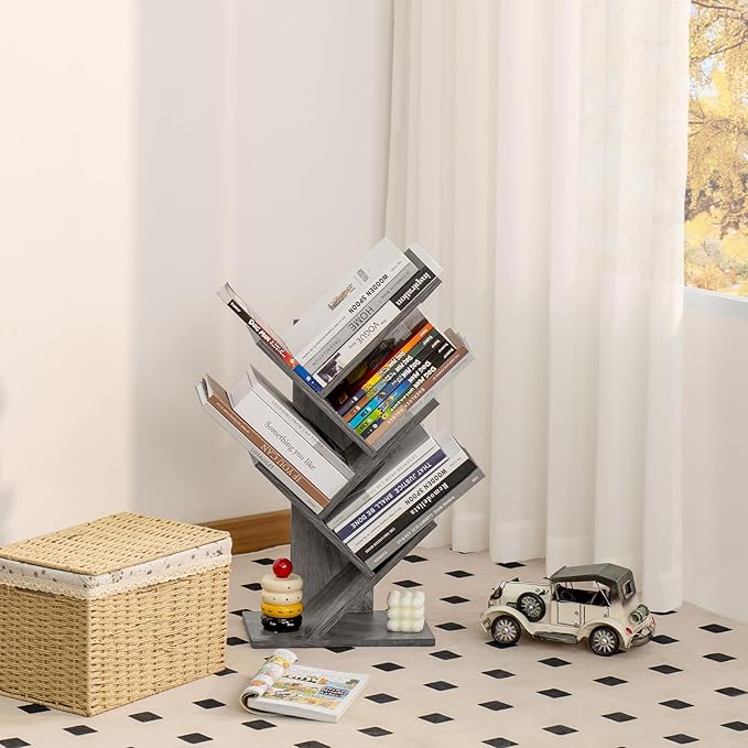5 Tier Tree Book Shelf, Small Desktop Bookshelf with Storage Organizer, Wood Bookcase, Desk Display Bookshelves, Floor Standing Organizer Bookcases for Living Room,Bedroom,Office - Light Grey