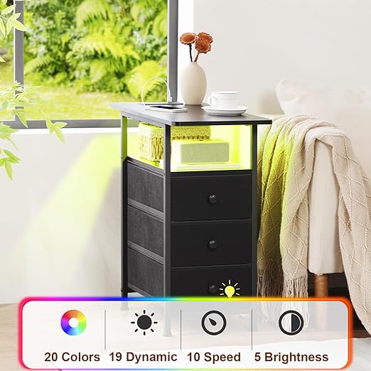 AMHANCIBLE Narrow End Table Living Room with Charging Station, Slim LED Nightstand with Fabric Drawers, Skinny Side Table for Bedroom, Small Spaces, Couch, Black, HETN013LBK-1