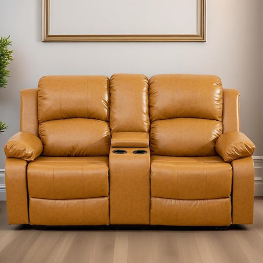 Loveseat Recliner Sofa, Reclining Loveseat Leather Couch with Storage Console, Modern Comfy Home Theater Seating Power Recliner Chair with Cup Holders for Living Room Furniture Sets, Orange