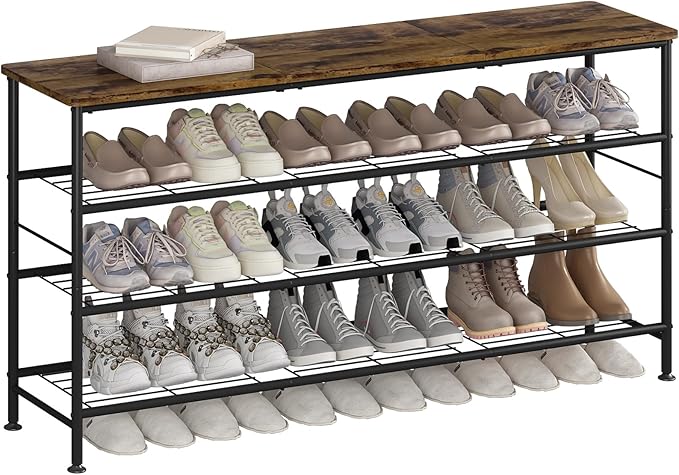 Shoe Rack Organizer 4 Tier for Closet Entryway Free Standing Metal Storage Shoe Shelf with MDF Top Board (Black+Rustic Brown, Large 4 Tier)