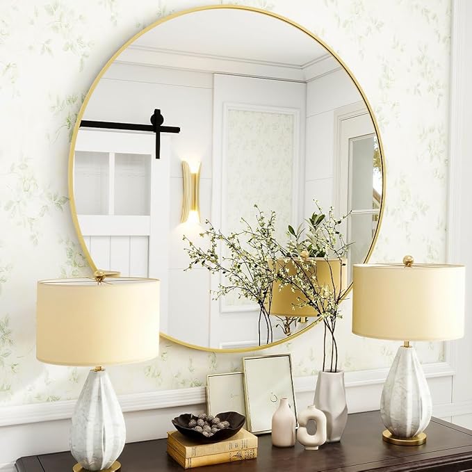 Gold Round Bathroom Mirror, 24 inch Circle Wall Mounted Hanging Mirror with Simple Modern Circular Metal Frame for Hallway, Entryway, Living Room, Gold Frame