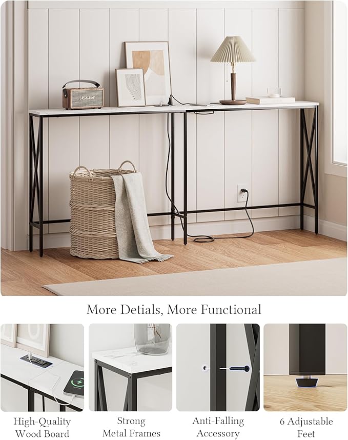 Masupu 70.9" Console Table with Power Outlet, Modern Narrow Long Sofa Table Behind Couch, Skinny Entry Table, Industrial Sofa Table with Metal Frame for Hallway, Living Room, White and Black