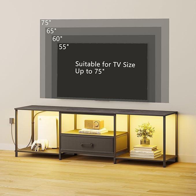 TV Stand with LED Lights, Entertainment Center with Open Shelves and Fabric Drawer, Media Console for 75 Inch TV, Television Stands for Living Room, Bedroom, Black