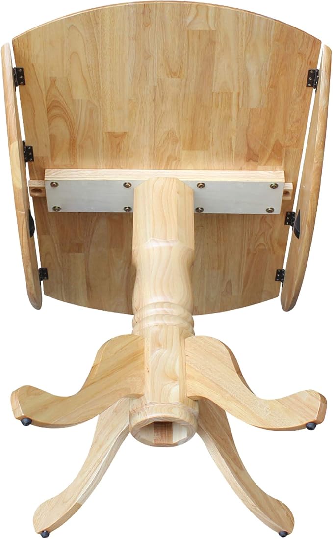 IC International Concepts, 42" Round Dual Drop Leaf Pedestal Dining Table, Solid Real Wood, Sturdy Parawood, Natural