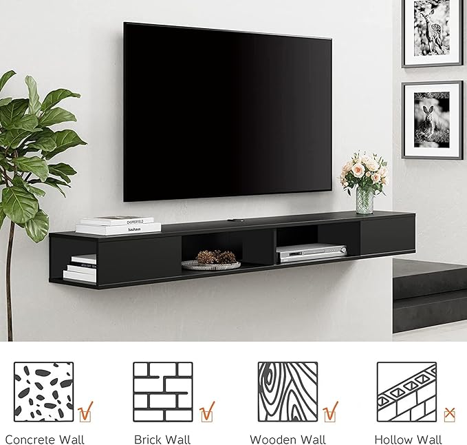 WAMPAT 70 inch Black Floating TV Stand, Entertainement Center Wall Mount for 75 inch TV, Media Console for Under TV with Storage for Living Room