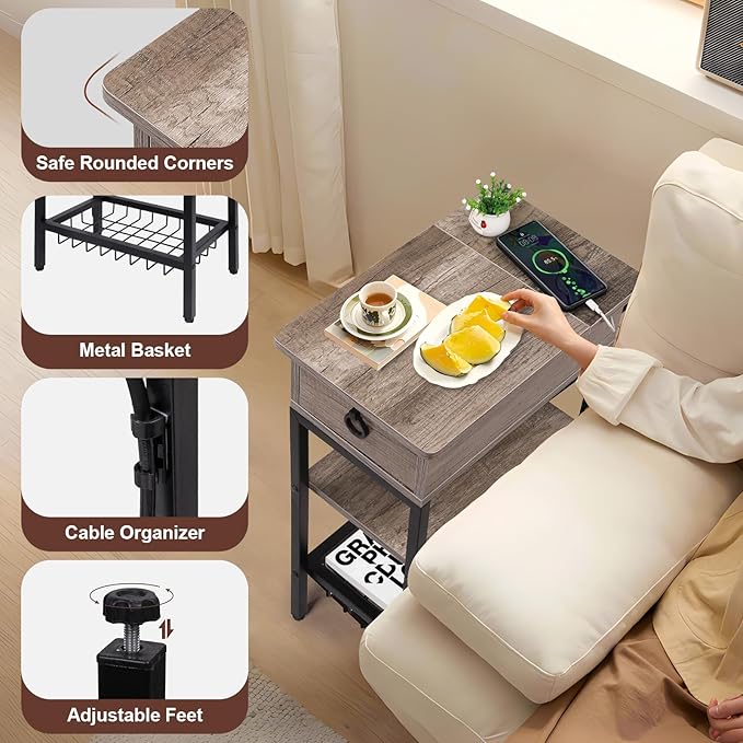 Small Gray Side Table Charging Station for Bedroom, Narrow Grey Living Room End Tables with Storage, Skinny USB Nightstand with Outlet, Gaming Coffee Table for Couch with USB Ports