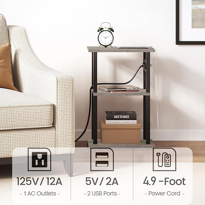 TUTOTAK Small Narrow Side Table with Charging Station, Set of 2 Skinny End Table for Small Spaces, Slim Nightstand with USB Ports and Outlet,Sofa Beside Table with Wheels, Greige TB01BG047