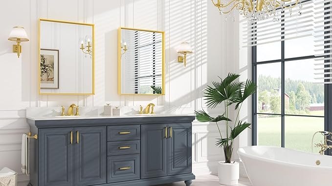 Keonjinn Gold Bathroom Vanity Mirror 24" x 32" Rectangular Wall Mirror Aluminum Alloy Metal Frame Rectangle Modern Farmhouse Mirror Square Corner Framed Mirror for Bathroom Sink(Horizontal/Vertical)