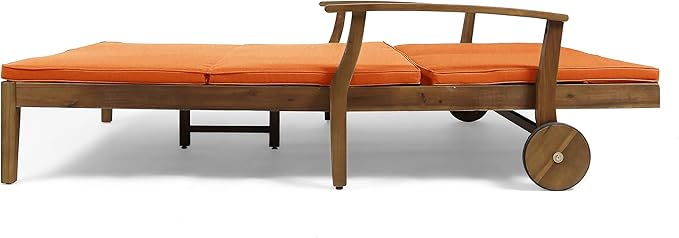 Christopher Knight Home Samantha Double Chaise Lounge for Yard and Patio, Acacia Wood Frame, Teak Finish with Orange Cushions