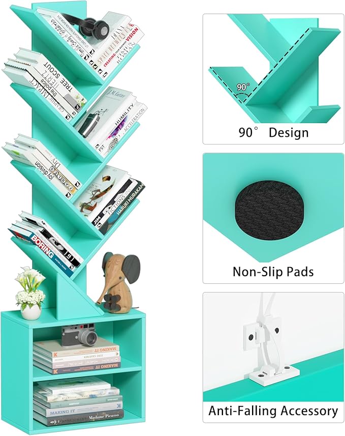 10 Tier Tree Bookshelf,Floor Standing Wood Tall Bookcase for Narrow Space, Storage Organizer Bookshelves for Books, Book Case for CDs/Movies/Books,Home Office,Living Room, Bedroom