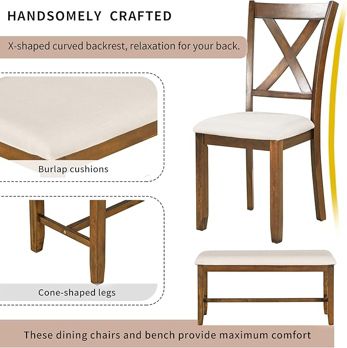 SogesPower 6-Piece Kitchen Dining Table Set for 4-6,Rectangular Dining Table with 4 Fabric Chairs & 1 Bench for Dining Room Living Room,Natural Cherry