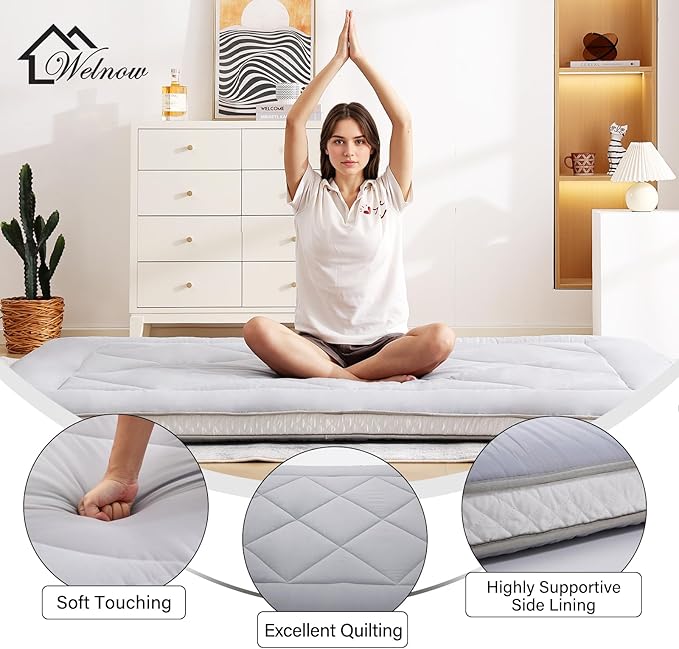 Welnow Japanese Futon Floor Mattress, Thick Twin Size Tatami Mat Portable & Foldable Roll Up Floor Bed Mattress with Storage Bag, Sleeping Pad for Adults, Dorm, Guest Bed, Camping and Travel, Grey