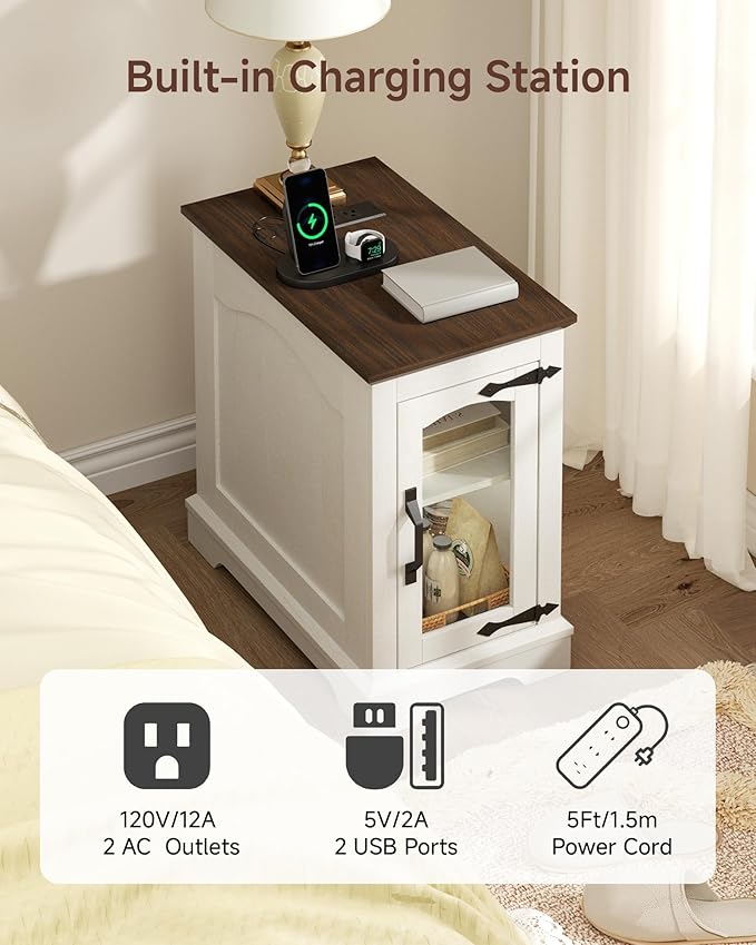 Narrow Side Table with Charging Station,13.8" W End Table with Storage for Sofa Couch or Bed Side with Outlets & USB Ports, Farmhouse Nightstand for Bedroom Livingroom (Glass,White & Walnut)