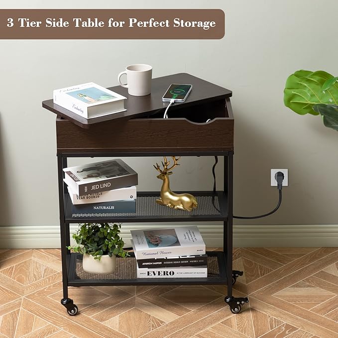 Hadulcet End Table with Charging Station & Rotating Top, Couch End Table, Rotating Swivel Top Side Table for Living Room & Bedroom, Narrow Rolling Side Table on Wheels, Skinny Nightstand, Black Walnut
