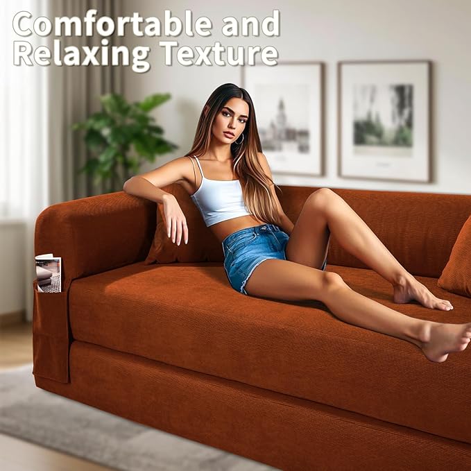 80" Convertible Sofa Bed, 3-in-1 Corduroy Folding Pull Out Couch with Pillows, No Assembly Modern Boneless Couch Compression Sofa in Box, Floor Sofa with Side Storage Pocket for Living Room, Orange