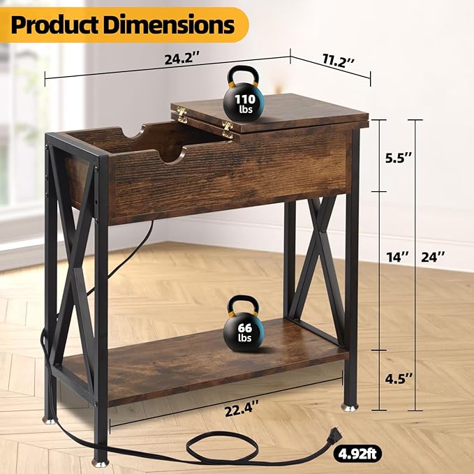 TooCust End Tables Living Room with Charging Station, 11.2" D x 24" W x 24" H, Flip Top Side Table with USB Ports and Outlets, Couch End Tables, Narrow End Table with 5.5" Deep Drawer