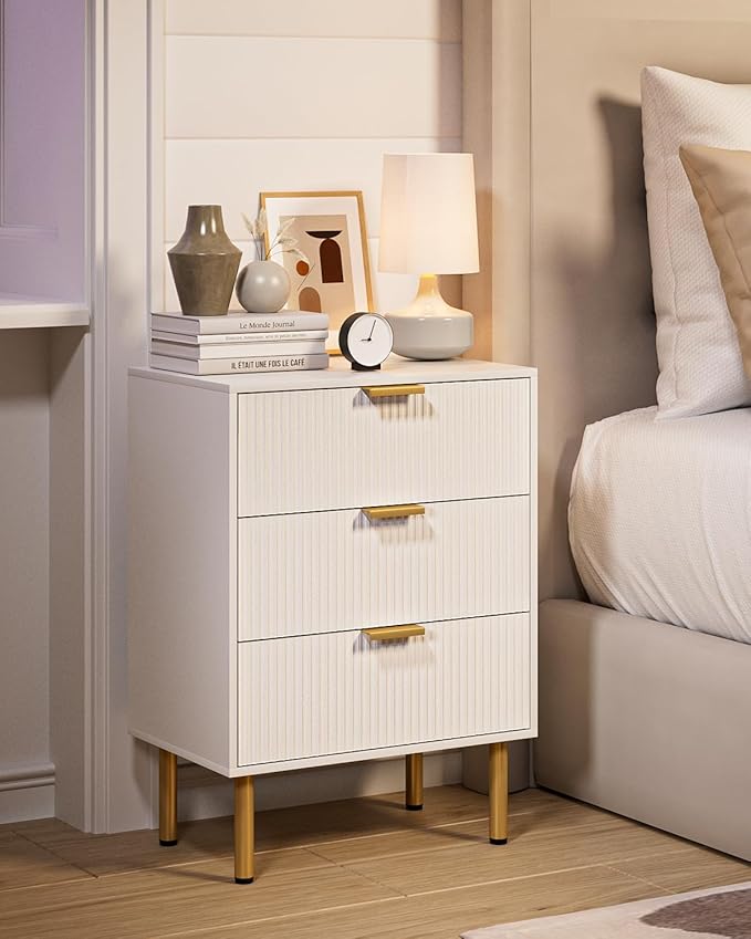 Night Stand,Tall Bedside Table with 3Storage Drawers,White Nightstand,Bedside Furniture,Side Table with Gold Frame,End Table for Bedroom,Living Room (Modern-3drawers, White)