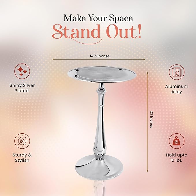CLEENTABLE Farmhouse Pedestal Round End Table - End Table for Indoor Use - Modern Lightweight Metal Accent Side Table for Small Spaces, Nightstand, Bedroom, Living Room, Office, Balcony 21"(Silver)