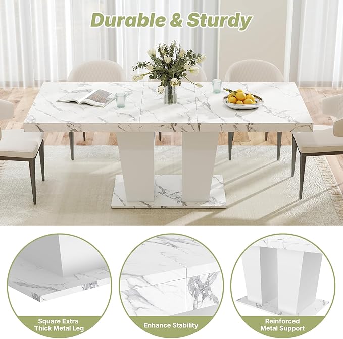 63"-78.7" Expandable Dining Table, 6-10 Farmhouse Kitchen Table, Extendable Console Table, Wooden Farmhouse Kitchen Table with Metal Track & Dual Column Base for Dining Room, Office-White