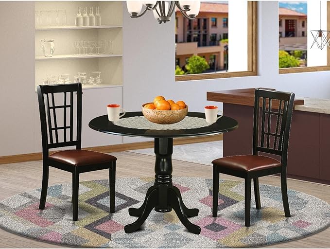 East West Furniture DLNI3-BLK-LC 3 Piece Dining Table Set for Small Spaces Contains a Round Dining Room Table with Dropleaf and 2 Faux Leather Upholstered Chairs, 42x42 Inch, Black