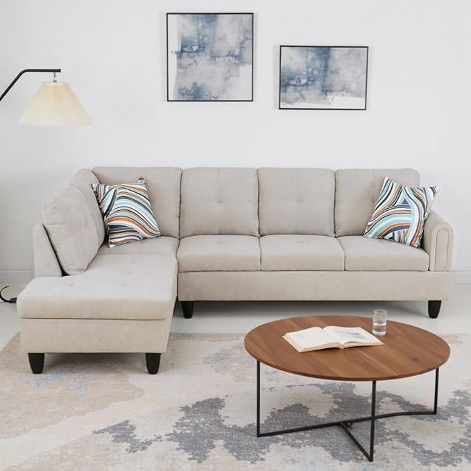 L Shaped Couch Sectional Couches with Chaise, Fluffy Fabric 3 Pieces Modular Convertible Sofa for Living Room Furniture Sets and Small Apartment, Light Grey