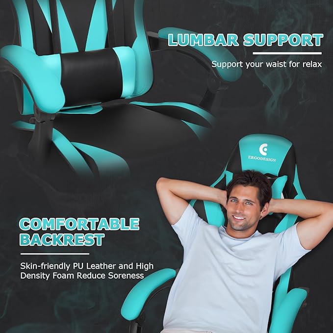 Gaming Chair with Linkage Armrest & Footrest, High Back Video Gaming Chair, Black/Light Blue