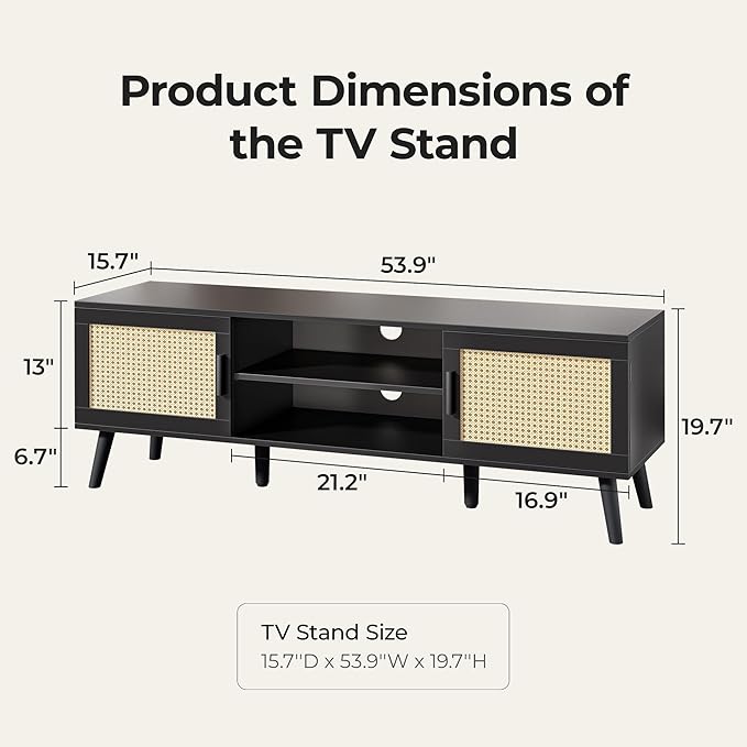 SUPERJARE TV Stand for 65 Inch TV, Entertainment Center with Adjustable Shelf, Rattan TV Console with 2 Cabinets, Media Console, Solid Wood Feet, 4 Cord Holes, for Living Room, Black-8750B