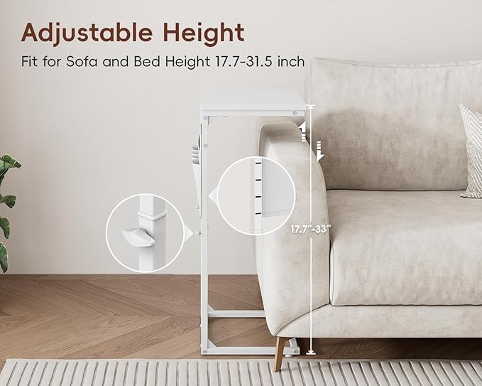 Vagusicc C Shaped End Table with Charging Station, Adjustable Height Side Table for Couch, Sofa Table Laptop Couch Side Tables, Slide Under Sofa TV Tray Arm C Tables for Living Room Bedroom, White