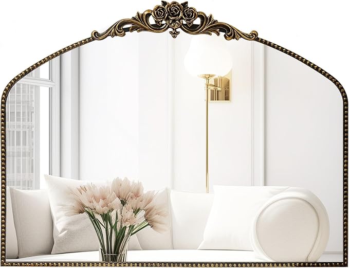 AIXI HOME Black Arched Mirror, 40" x 30" Traditional Vintage Antique Mantel Mirror with Ornate Metal Frame, Baroque Wall Mounted Mirror for Entryway/Fireplace/Hallway/Bathroom/Living Room/Bedroom