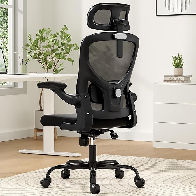 Ergonomic Office Chair, Comfy Home Office Chair High Back Computer Chair with Headrest, Adjustable Back Support, Flip-Up Arms, 90-120° Tilt and Wide Cushion, Up to 300lbs,Black