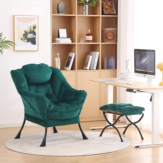 LITA Lazy Chair With Ottoman, Modern Accent Leisure Upholstered Sofa, Contemporary Lounge Reading With Armrests and Side Pocket for Living Room, Bedroom & Small Space, Dark Green